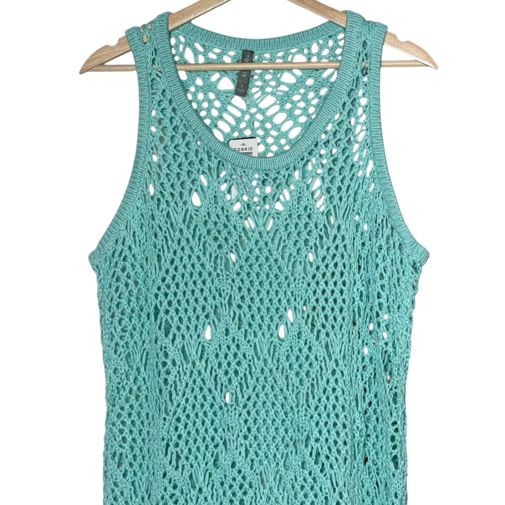 Torrid Crochet Knit Fringe Coverup Dress Size 1X Mint Blue Beach Boho Vacation - Picture 7 of 14